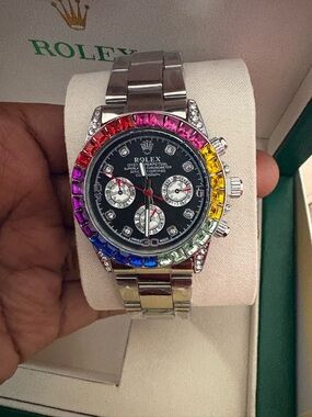 Rolex Multicolor Bezel Stainless Steel Watch with Black Dial